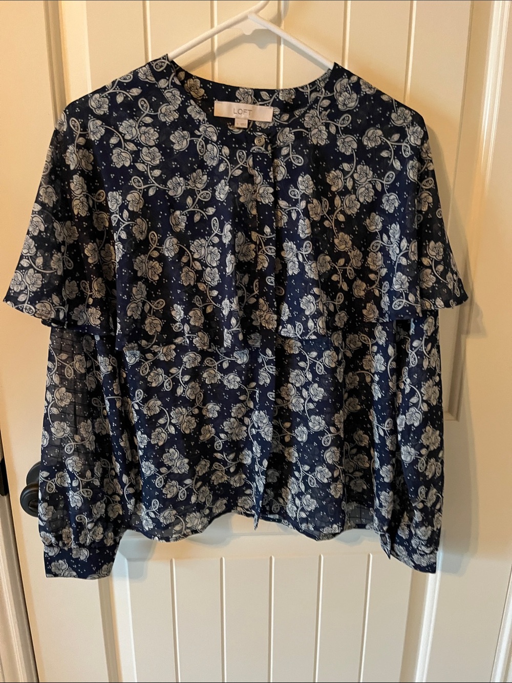 LOFT Navy Floral Ruffle-Front Long-Sleeve Blouse